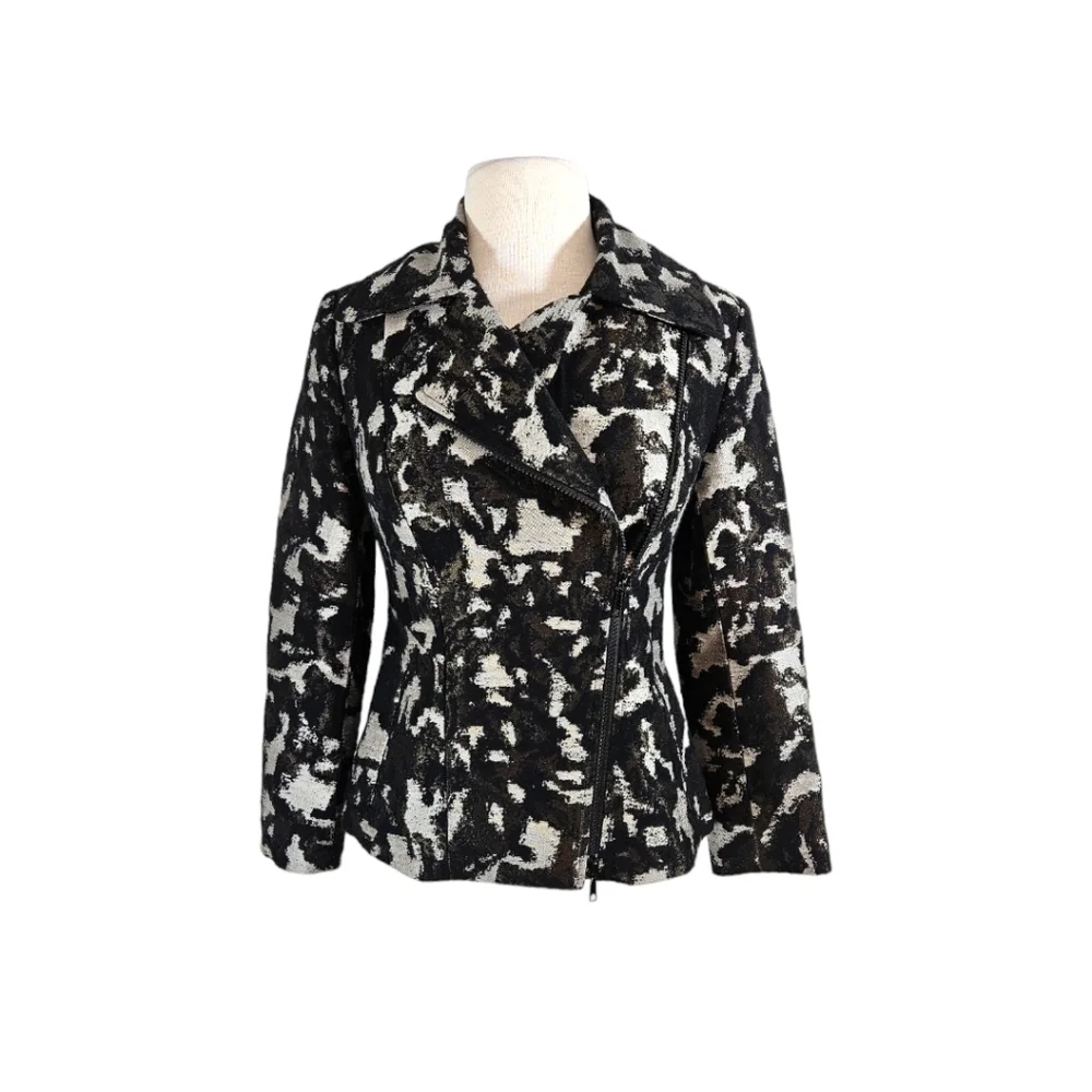 Lafayette 148 Black & Grey Abstract Animal Print Asymmetric Zipper Wool Blazer